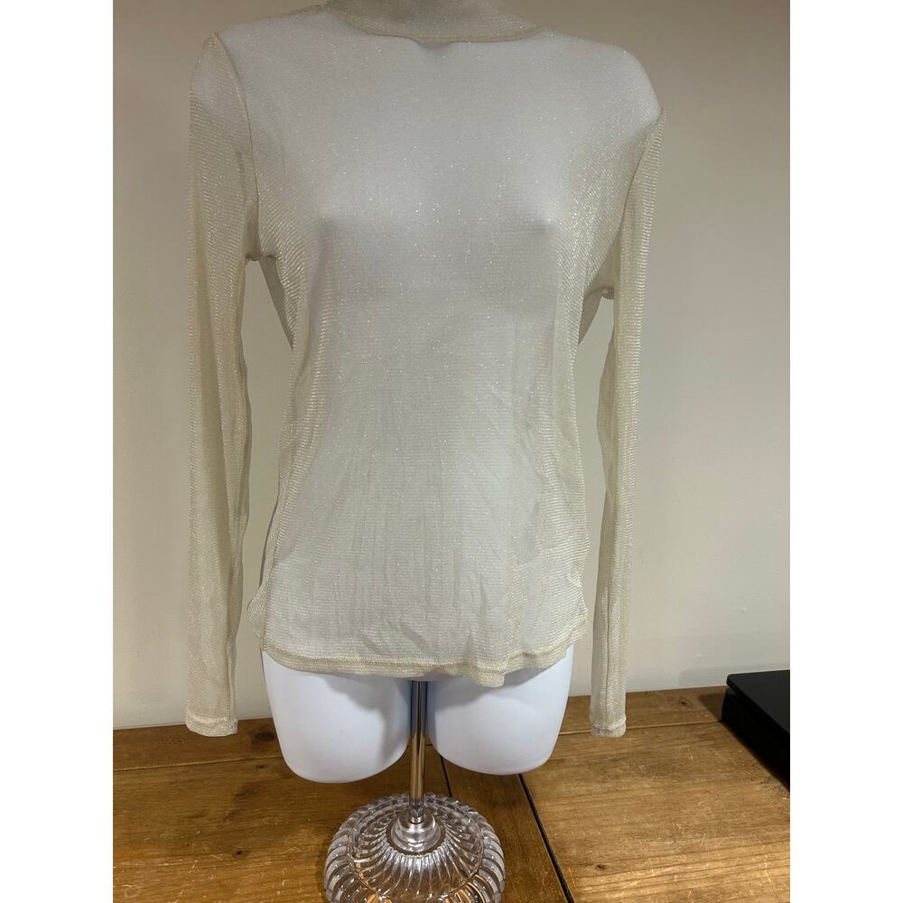 H & M Sz M Cream-Colored Semi-Sheer Glitter Mesh Long-Sleeve Top Mock Neck
